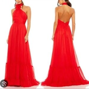 NEW Mac Duggal Asymmetrical Halter Neck Backless Tiered A Line Red Tiered Gown
